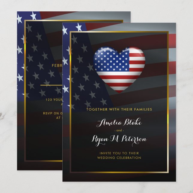 USA Herzenflagge | Goldrahmen | Hochzeit Einladung (Vorne/Hinten)