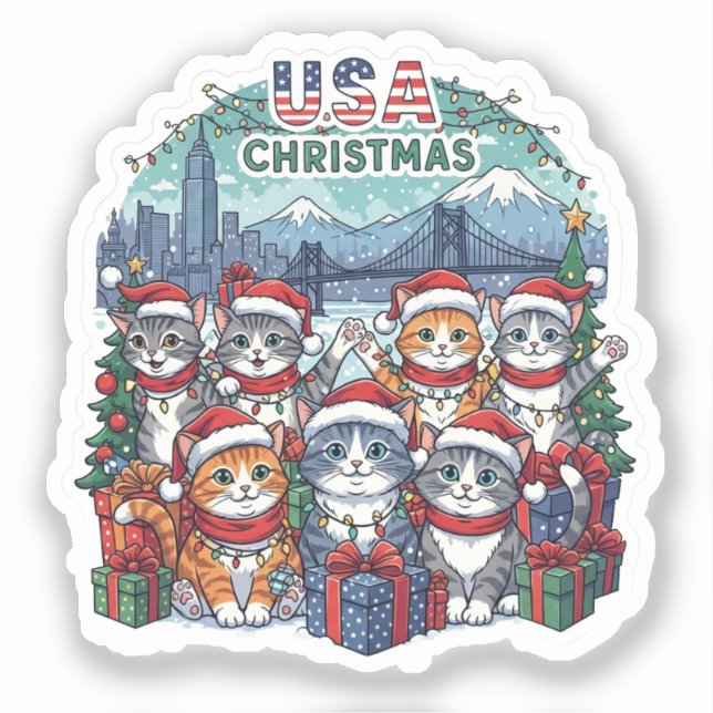 USA Holiday Cats – Cute Meowy Christmas Sticker (Vorderseite)