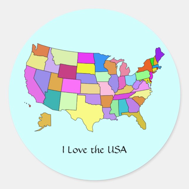 USA: I Liebe der USA, USA Staaten Map Runder Aufkleber (Vorderseite)