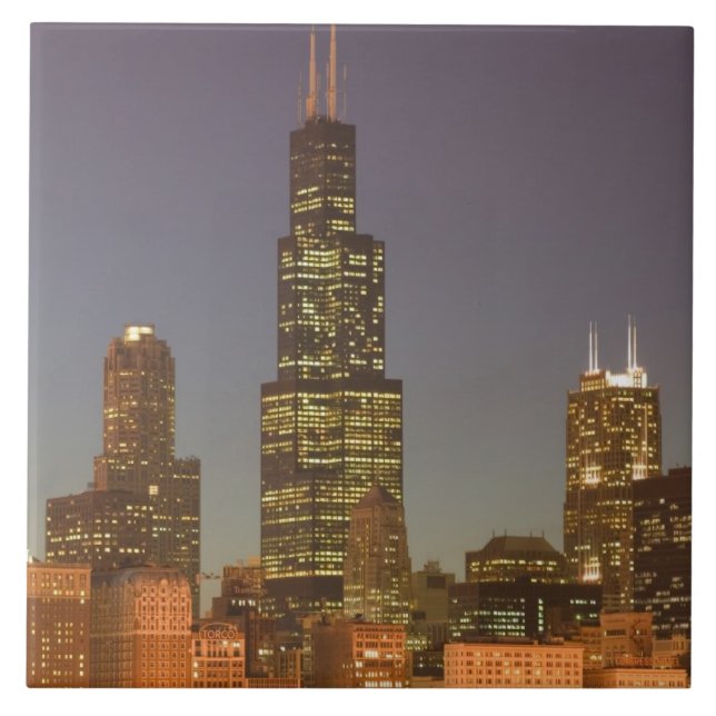 USA, Illinois, Chicago: City Skyline / Abend Fliese (Vorderseite)