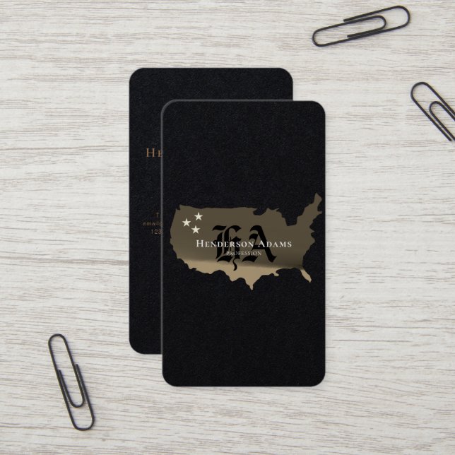 USA Map Gold Black Stars Monogram Vertikal Visitenkarte (Vorderseite/Rückseite Beispiel)