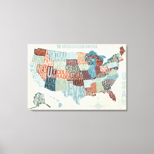 USA Map mit Staaten in Worten Leinwanddruck (Vorderseite)
