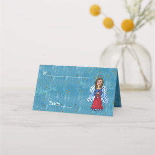 USA Patriotic Angel Holding Flag Blue Gold Stars Platzkarte