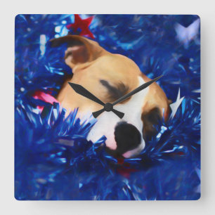 USA Patriotic Dog American Pit Bull Terrier Quadratische Wanduhr