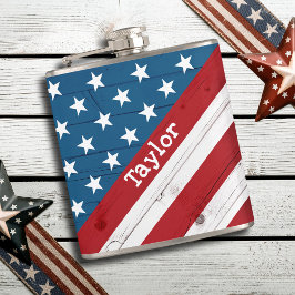 USA Patriotic July 4th Rustic Wood American Flag Flachmann