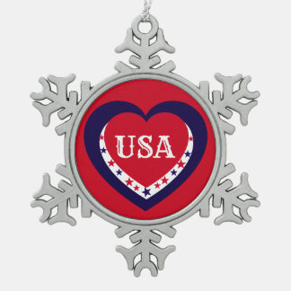 USA Patriotisches Rot Weiß Blau Herz Festlich Schneeflocken Zinn-Ornament