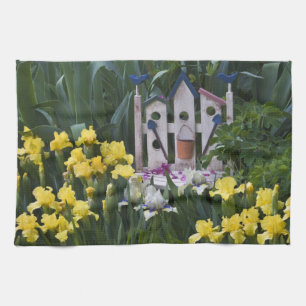 USA, Pennsylvania. Garten-Schwertlilien wachsen um Küchentuch