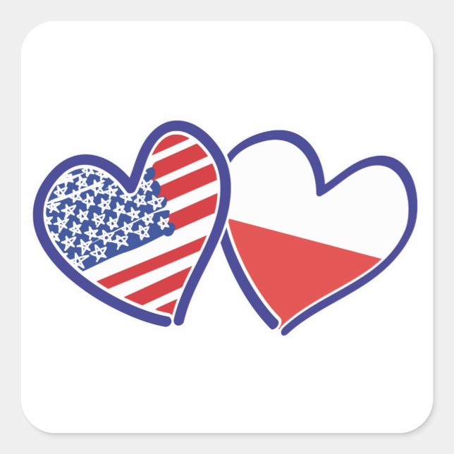 USA-POLEN-FLAG-HEARTS QUADRATISCHER AUFKLEBER (Vorderseite)