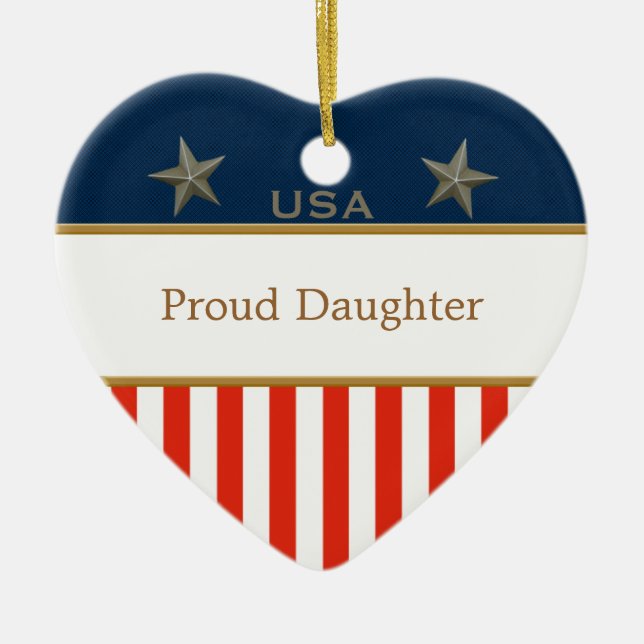USA Proud Daughter Patriotic Heart Frame Keramikornament (Vorne)