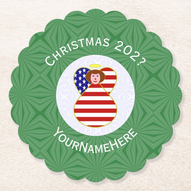USA Red Hair Angel Christmas Flag Personalisiert Untersetzer (Vorderseite)