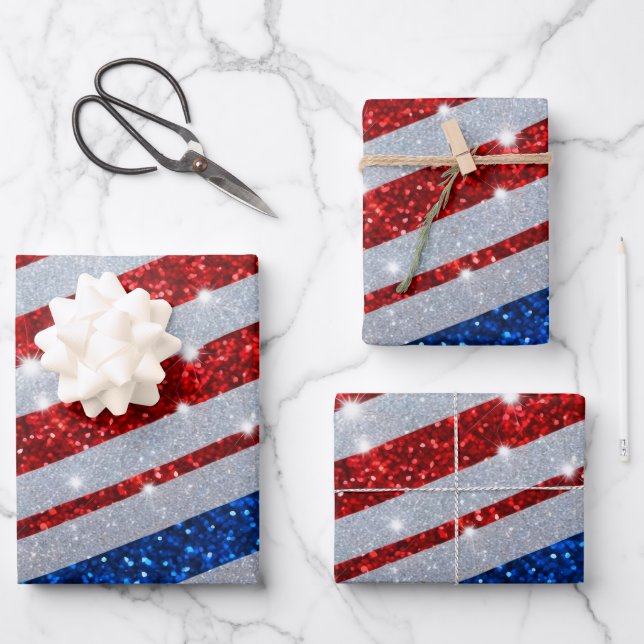USA Red White Blue Glitzern Flag Unabhängigkeitsta Geschenkpapier Set (Vorderseite)