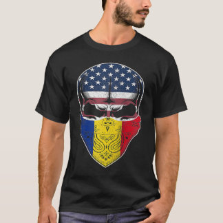 USA Romania Roots  Romanian American Flag Skull Ra T-Shirt