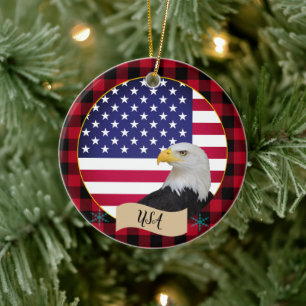 USA, Roter Büffel kariert, Adler & Amerikanische F Keramik Ornament