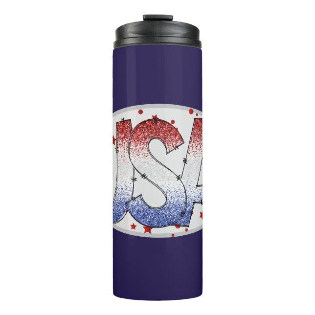 USA Shimmer und Stars Word Art Thermosbecher (Vorderseite)