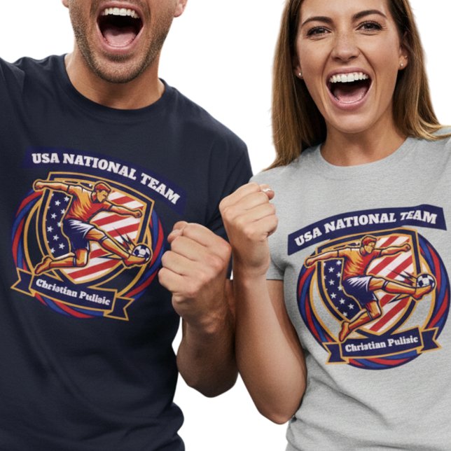 USA Soccer Star Dynamic Athlete Shield Graphic Art T-Shirt (Use Personalized to change color/font.
Choose a color that matches the background color of shirt)
