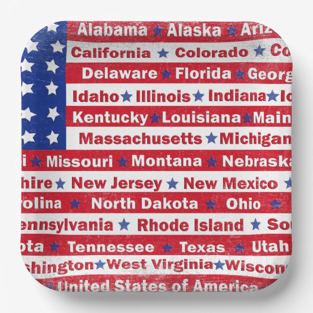 USA Staaten auf Fahne Pappteller (Vorderseite)