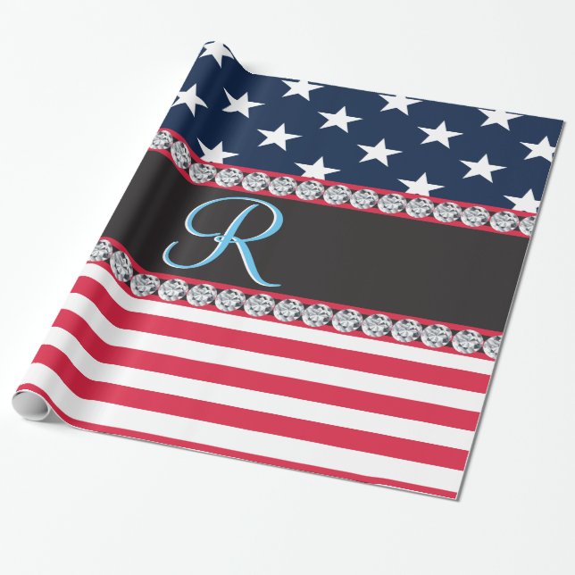 USA Stars Stripes Script Monogram Dazzling Geschenkpapier (Ungerollt)