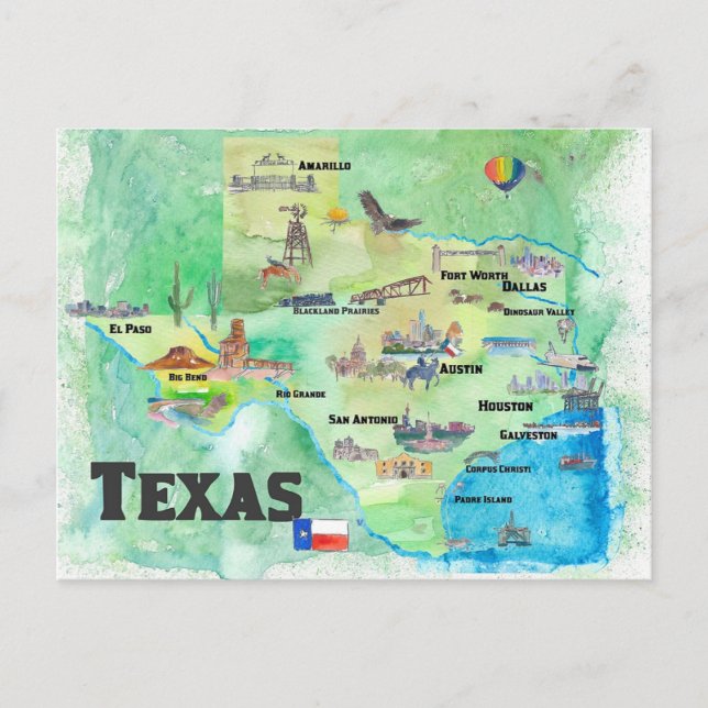 USA Texas Reiseplan mit Highlights Postkarte (Vorderseite)