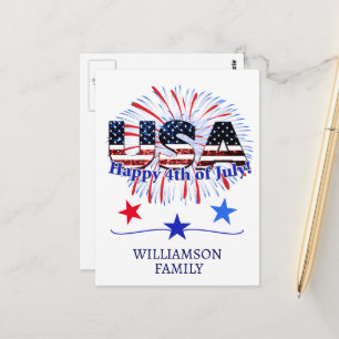 USA-Textflagge glitzert Feuerwerk Frohes 4. Juli Postkarte