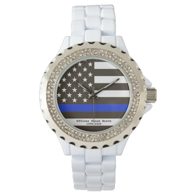 *~* USA Thin Blue Line Flaggenpolizei Offizier Fra Armbanduhr (Vorderseite)