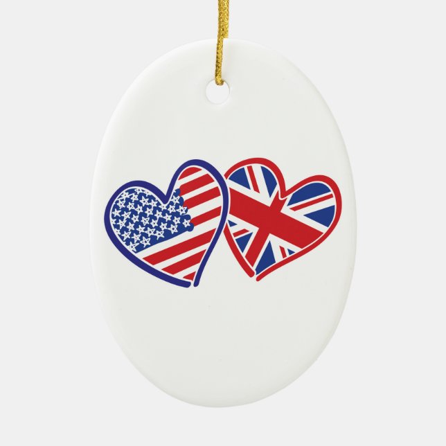 USA und UK Flag Hearts Keramik Ornament (Vorne)