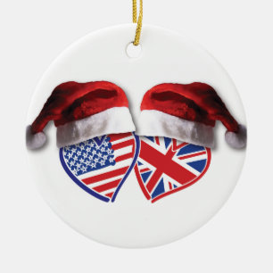 USA und UK Flag Hearts mit Weihnachtsmannmützen Keramik Ornament