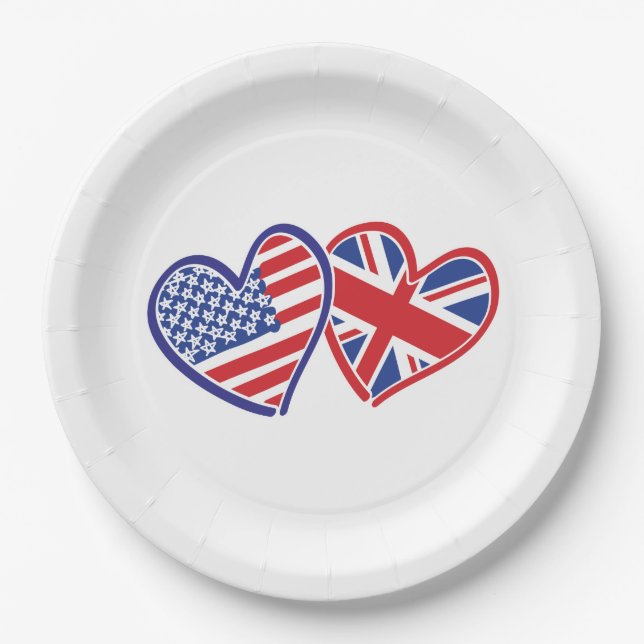 USA und UK Flag Hearts Pappteller (Vorderseite)