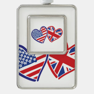 USA und UK Flag Hearts Rahmen-Ornament Silber