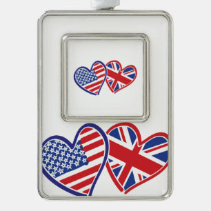 USA und UK Flag Hearts Rahmen-Ornament Silber
