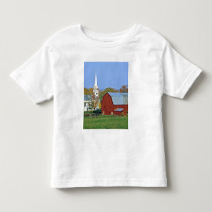 USA, Vermont, Peacham. Eine rote Scheune und weiß Kleinkind T-shirt
