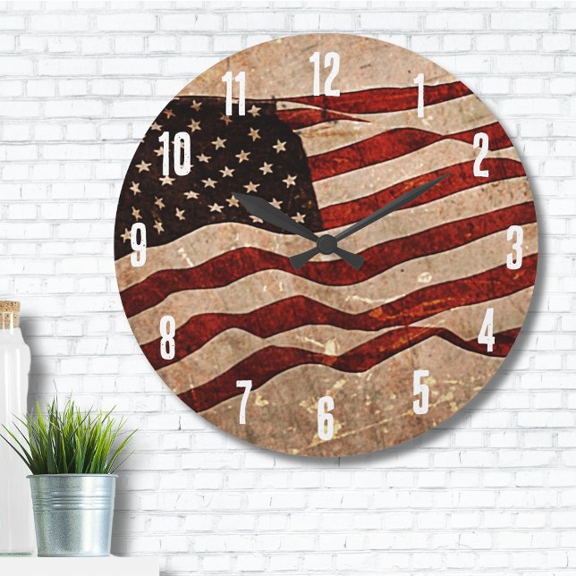 USA - Vintage amerikanische Flagge Große Wanduhr (United States Patriotic USA Rustic American Flag Large Clock)