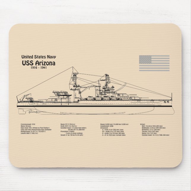 USS Arizona - Schiffs-Blueprint-Pläne SD Mousepad (Vorne)