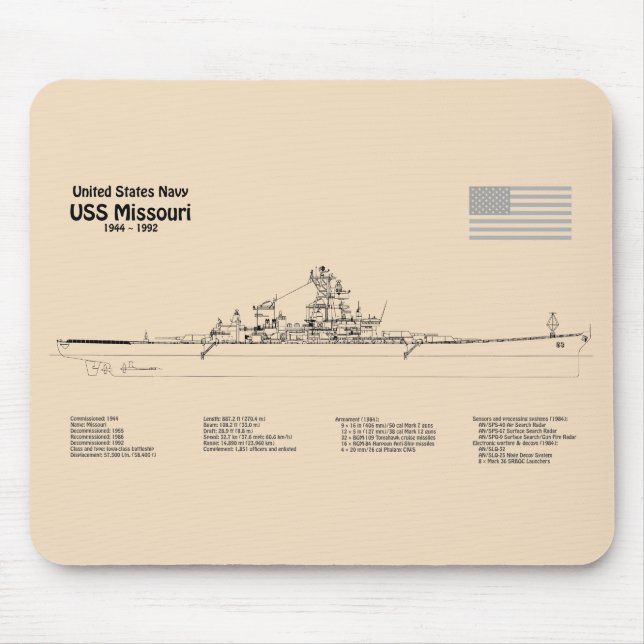 USS Missouri - Schiffs-Blueprint-Pläne SD Mousepad (Vorne)