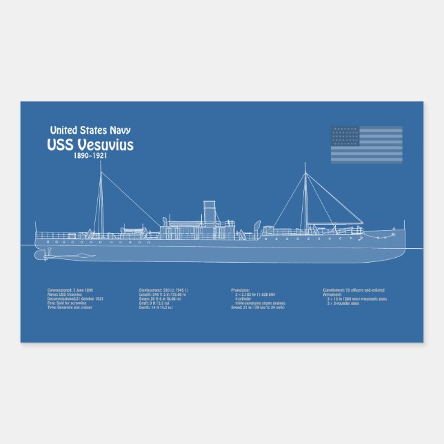 USS Vesuvius - Schiffs-Blueprint-Pläne ABD Rechteckiger Aufkleber (Vorderseite)