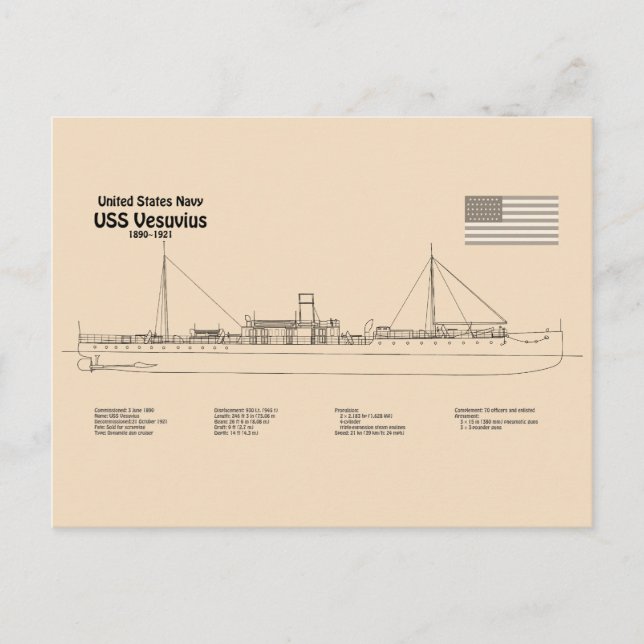 USS Vesuvius - Schiffs-Blueprint-Pläne SD Postkarte (Vorderseite)