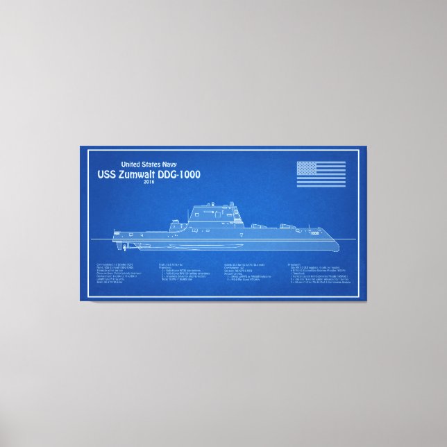 USS Zumwalt - Schiffs-Blueprint Pläne ABD Leinwanddruck (Vorderseite)