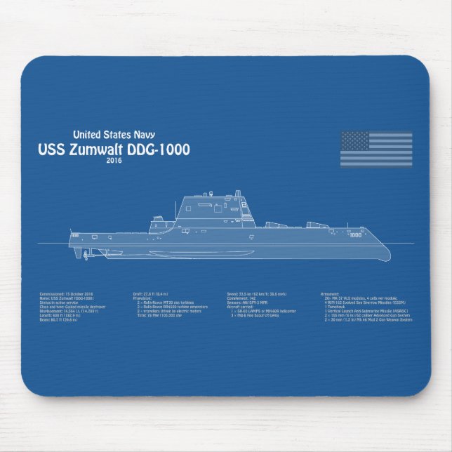 USS Zumwalt - Schiffs-Blueprint Pläne ABD Mousepad (Vorne)