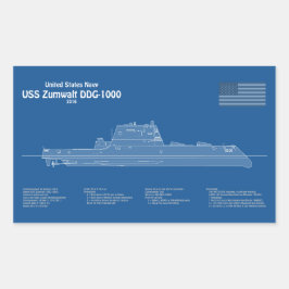 USS Zumwalt - Schiffs-Blueprint Pläne ABD Rechteckiger Aufkleber