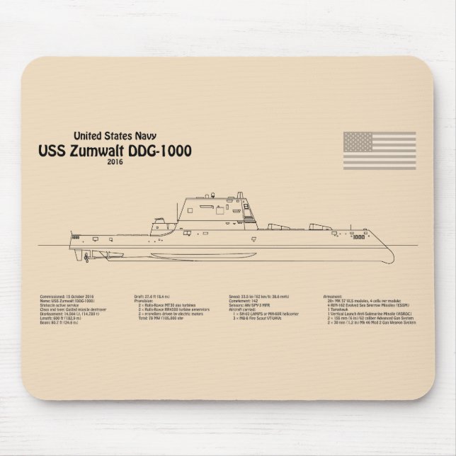 USS Zumwalt - Schiffs-Blueprint Pläne SD Mousepad (Vorne)