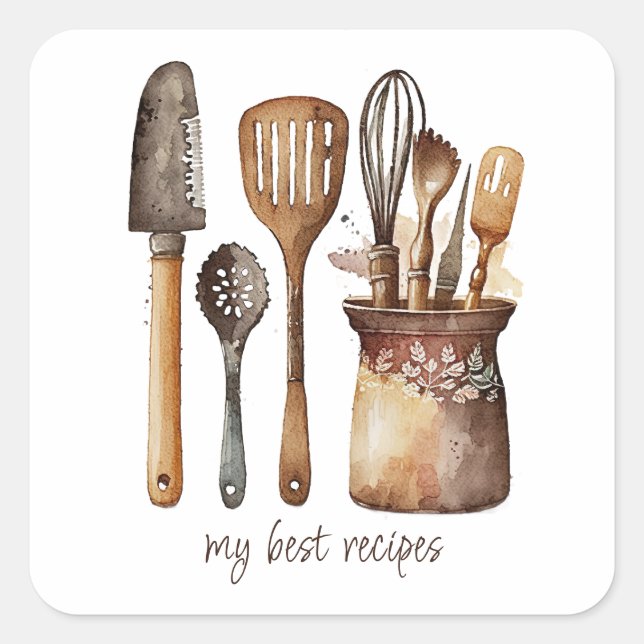 Ustensiles de cuisine aquarelle rustique Étiquette (Devant)