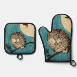 Utagawa Hiroshige - Horned Owl on Maple Branch Ofenhandschuh & Topflappen-Set