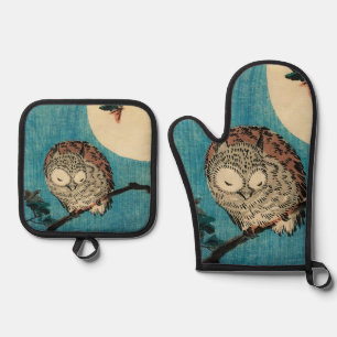 Utagawa Hiroshige - Horned Owl on Maple Branch Ofenhandschuh & Topflappen-Set