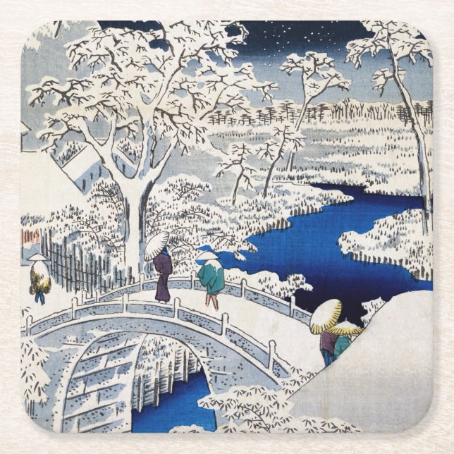 Utagawa Hiroshige - Trommelbrücke bei Meguro Rechteckiger Pappuntersetzer (Vorderseite)