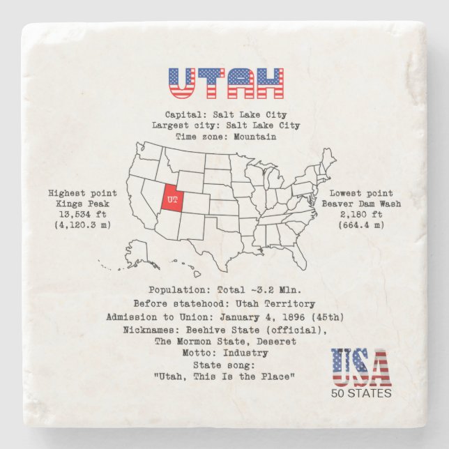 Utah American Staat auf einer Karte und nützliche  Steinuntersetzer (Vorderseite)