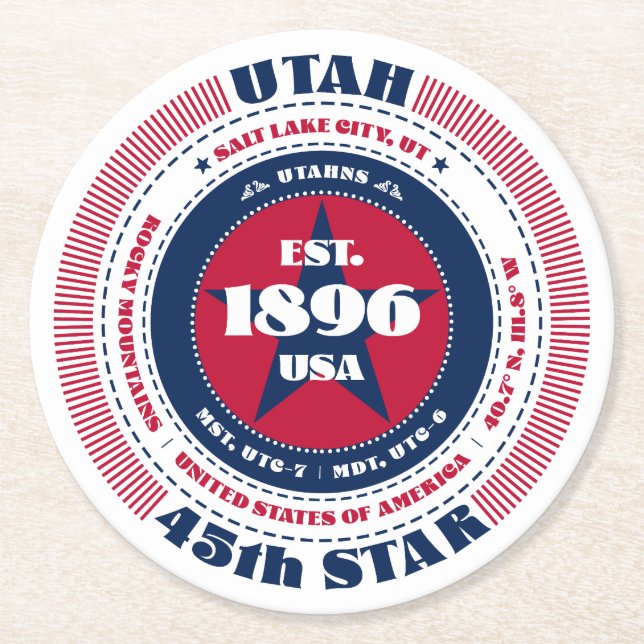 Utah Red White Blue Typografie Runder Pappuntersetzer (Vorderseite)