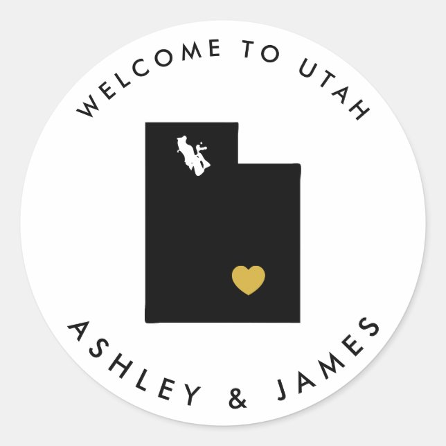 Utah Wedding Welcome Sticker Tag, Gold & Black (Vorderseite)