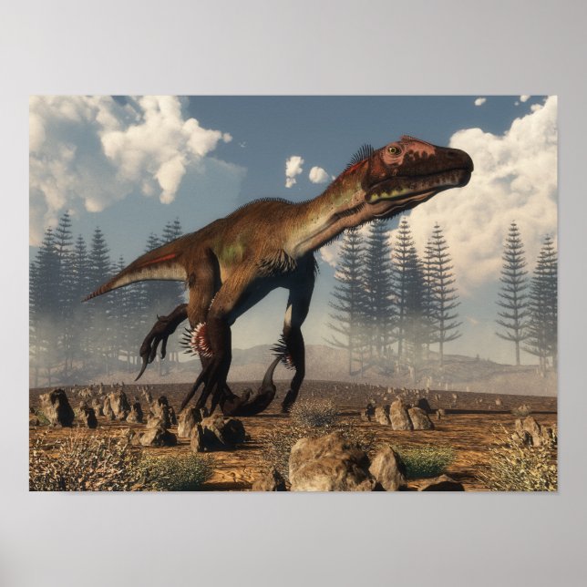 Utahraptor Dinosaurier in der Wüste - 3D-Rendering Poster (Vorne)