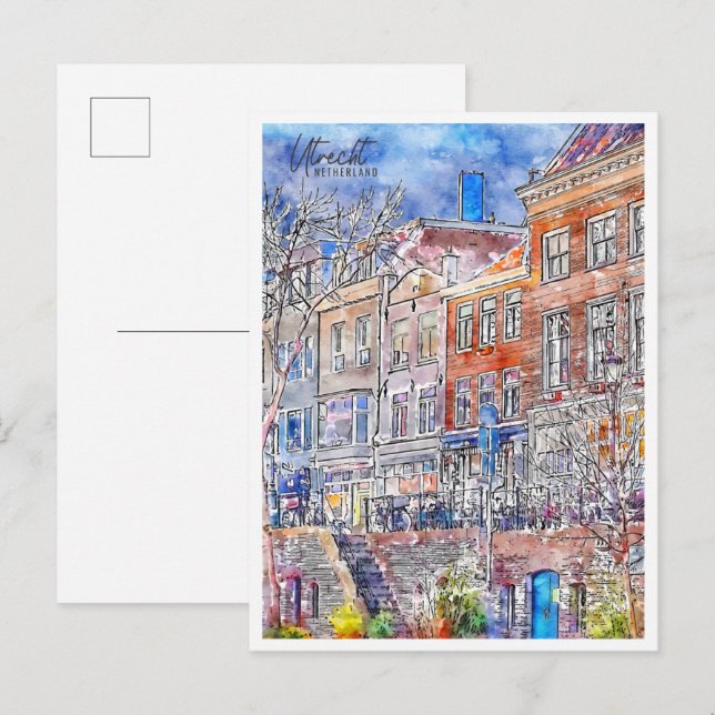 Utrecht Niederlande Vintage Reise Aquarell Postkarte (Vorne/Hinten)