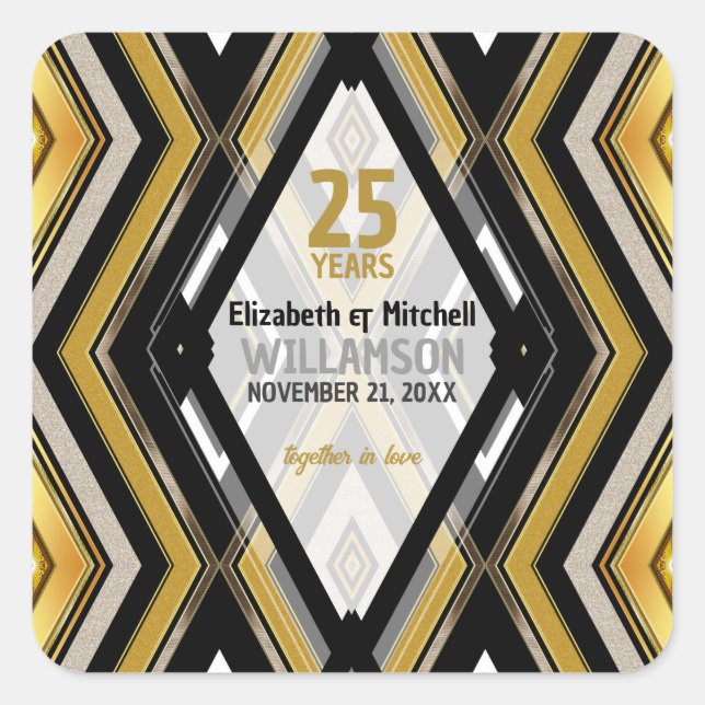 v1 Schwarz+Gold Modernes Art Deco Glam Quadratischer Aufkleber (Vorderseite)