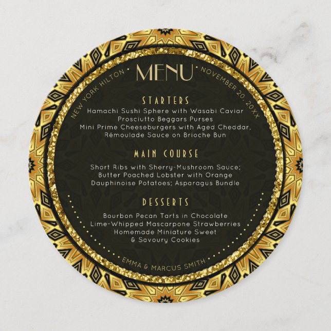 V1 Tribal Deko Gold Round Wedding Menu Card Menükarte (Vorderseite)